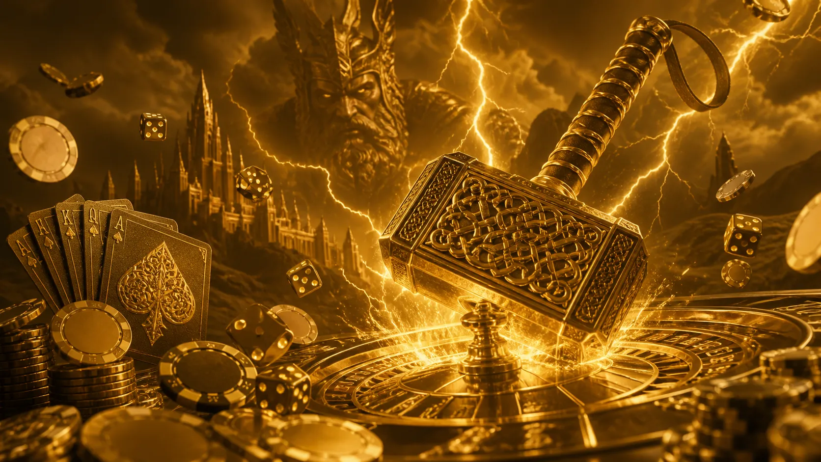 Luxury casino-themed banner with Thor-like elements, poker chips, dice, and vibrant lights.